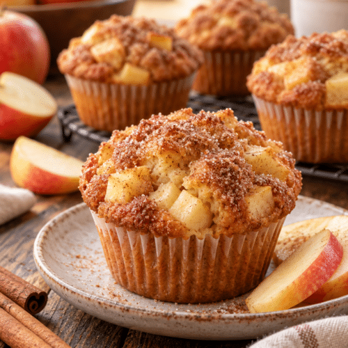 Healthy cinnamon sugar apple muffins on a breakfast table