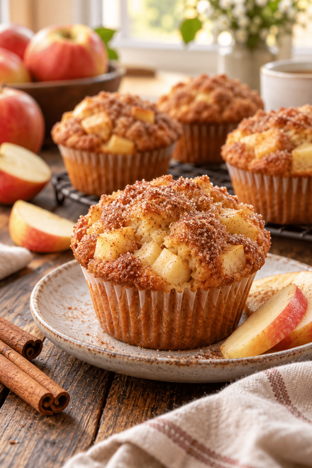 Healthy cinnamon sugar apple muffins on a breakfast table