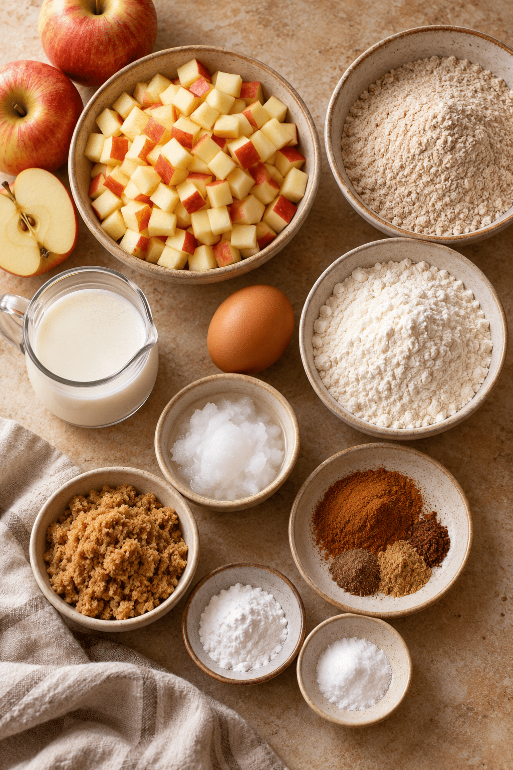 Ingredients for healthy cinnamon sugar apple muffins