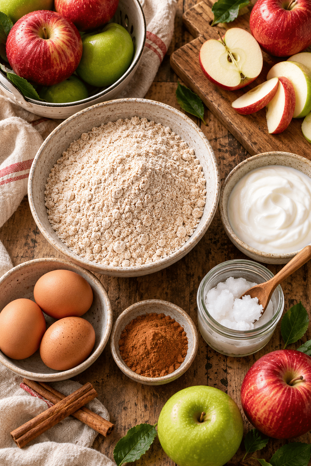 Ingredients for healthy cinnamon sugar apple muffins