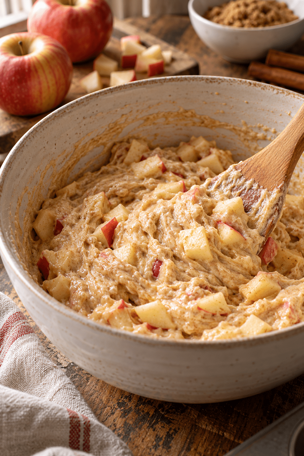 Apple muffin batter being folded together