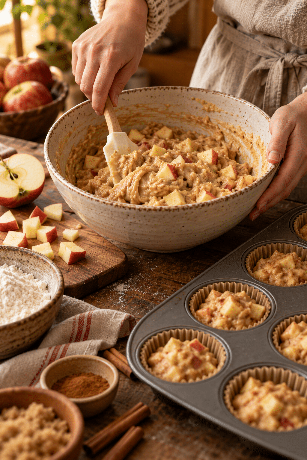 Preparing healthy cinnamon sugar apple muffin batter