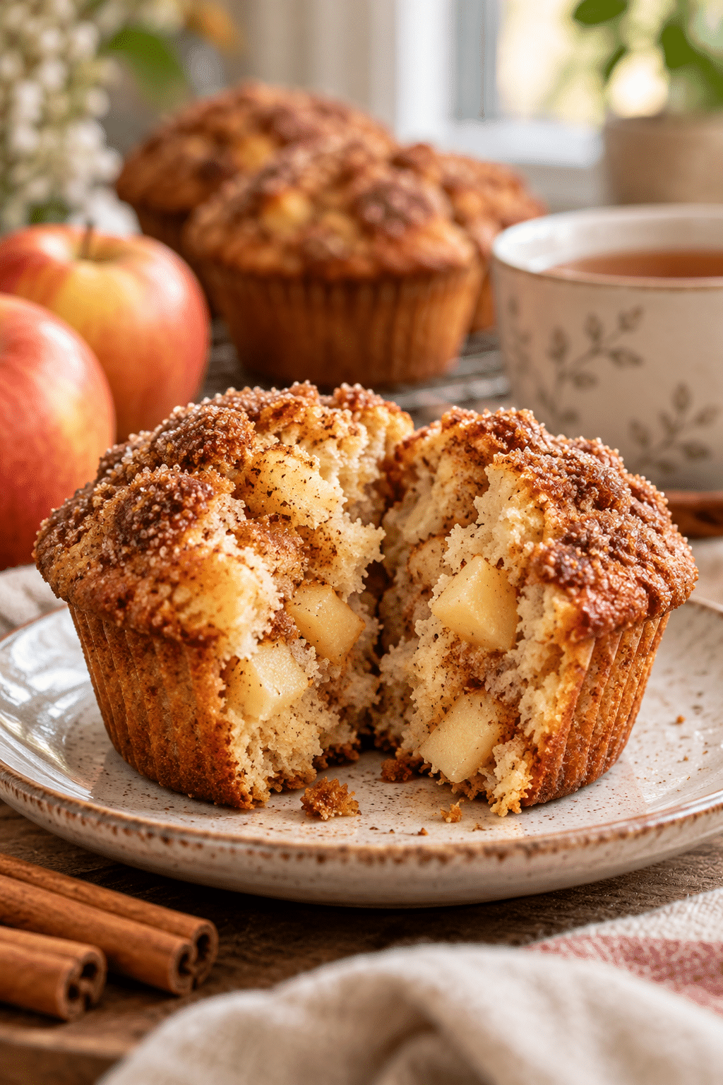 Golden cinnamon sugar apple muffins ready to serve