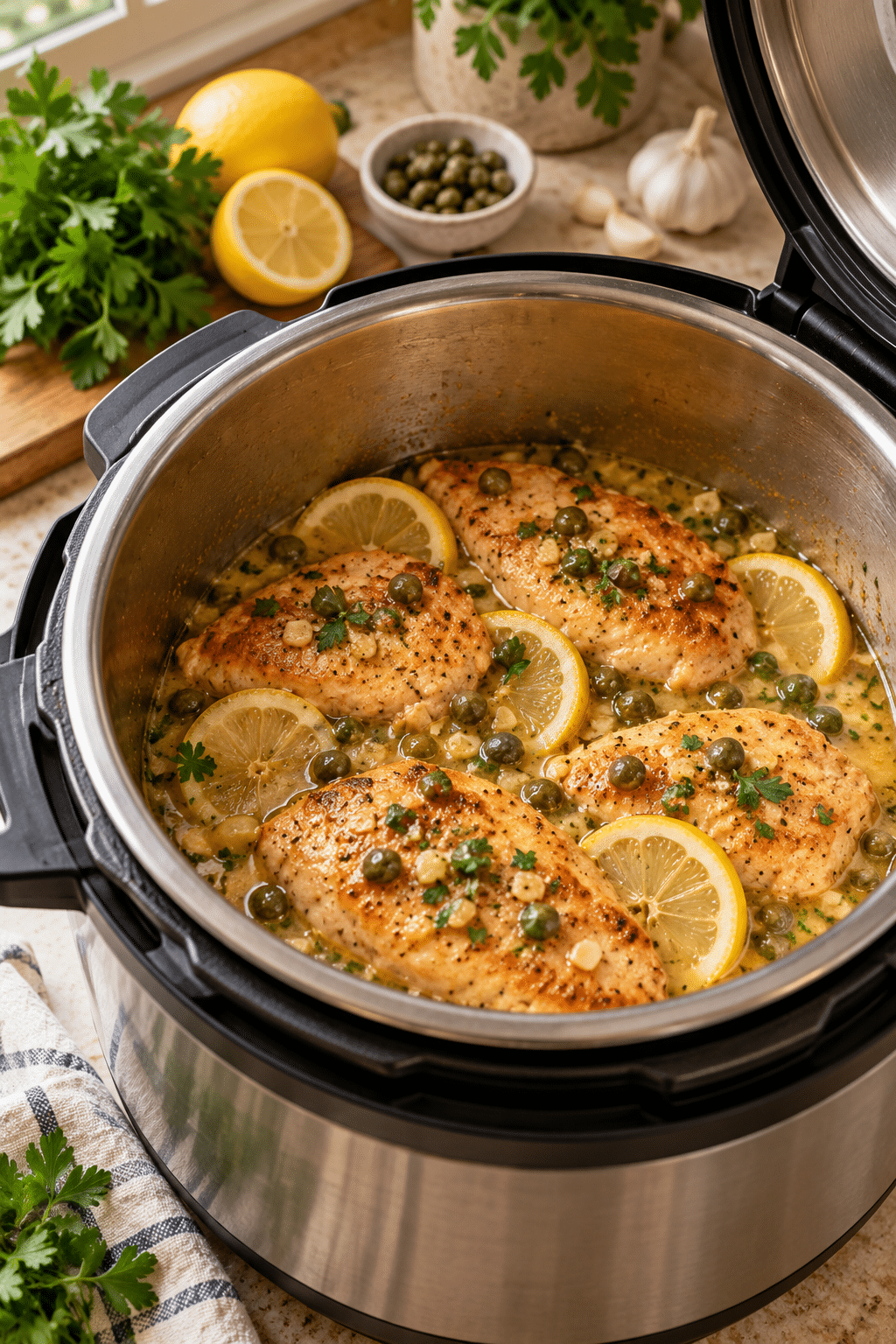 Chicken piccata cooking with lemon caper sauce in an Instant Pot