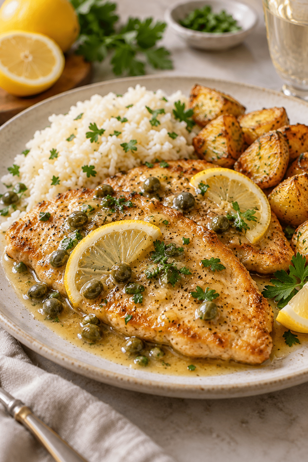 Instant Pot chicken piccata served with lemon and parsley