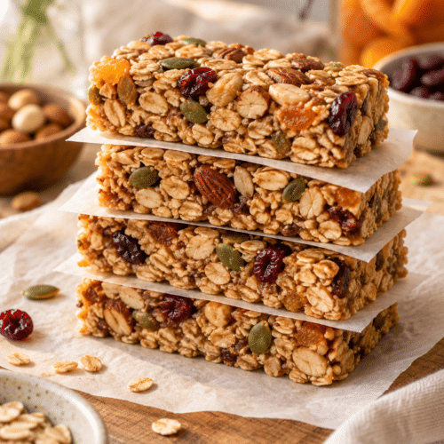 healthy no bake granola bars stacked on parchment