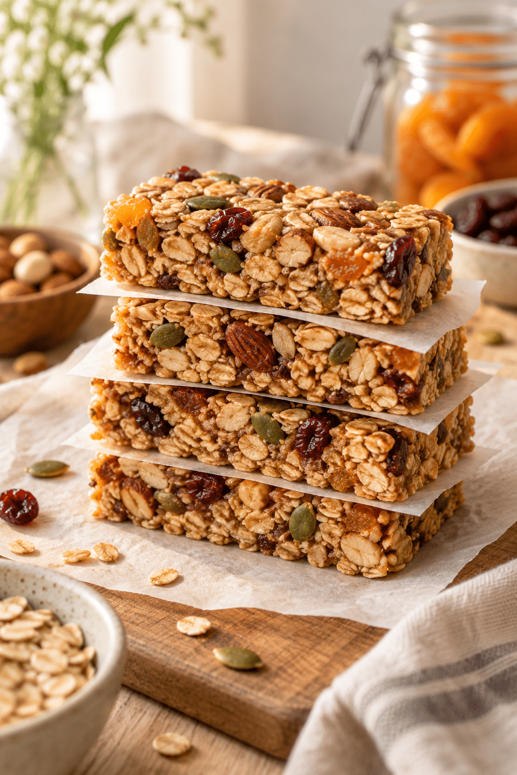 healthy no bake granola bars stacked on parchment