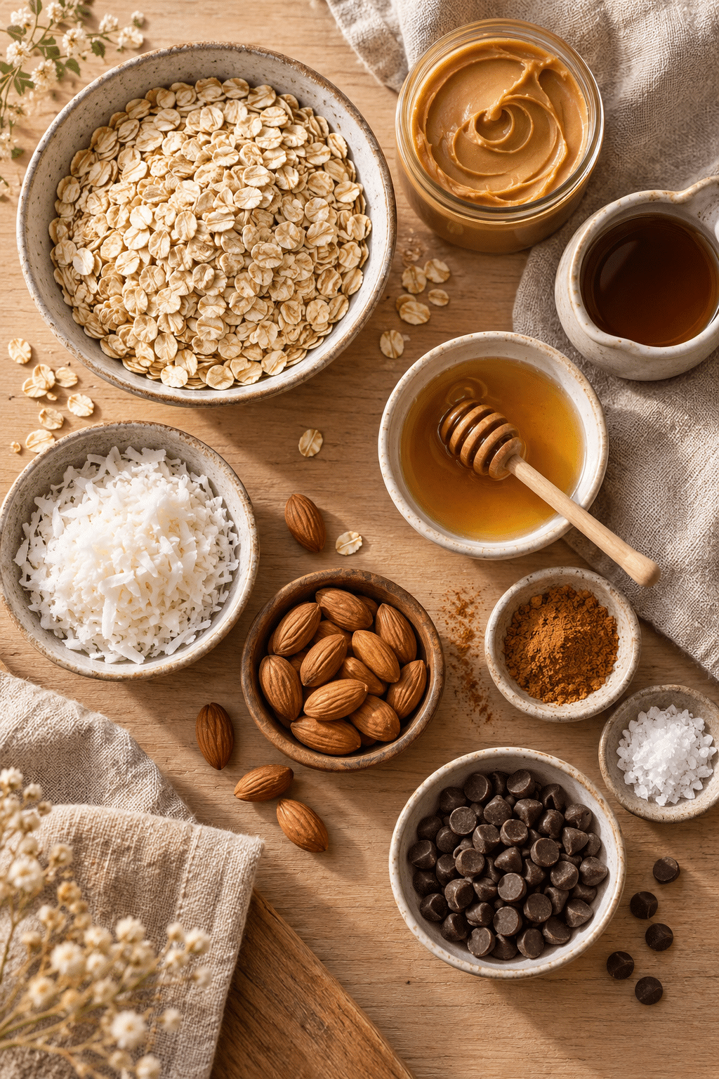 ingredients for healthy no bake granola bars arranged on a counter