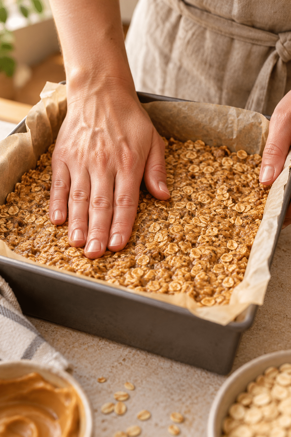 pressing the healthy no bake granola bar mixture into a pan