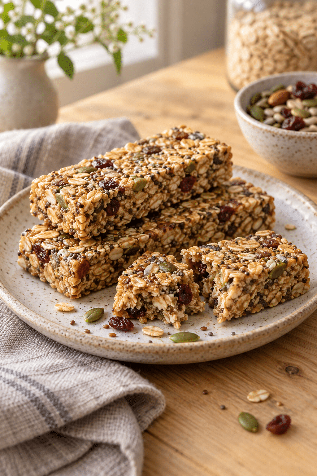 healthy no bake granola bars cut into chewy squares
