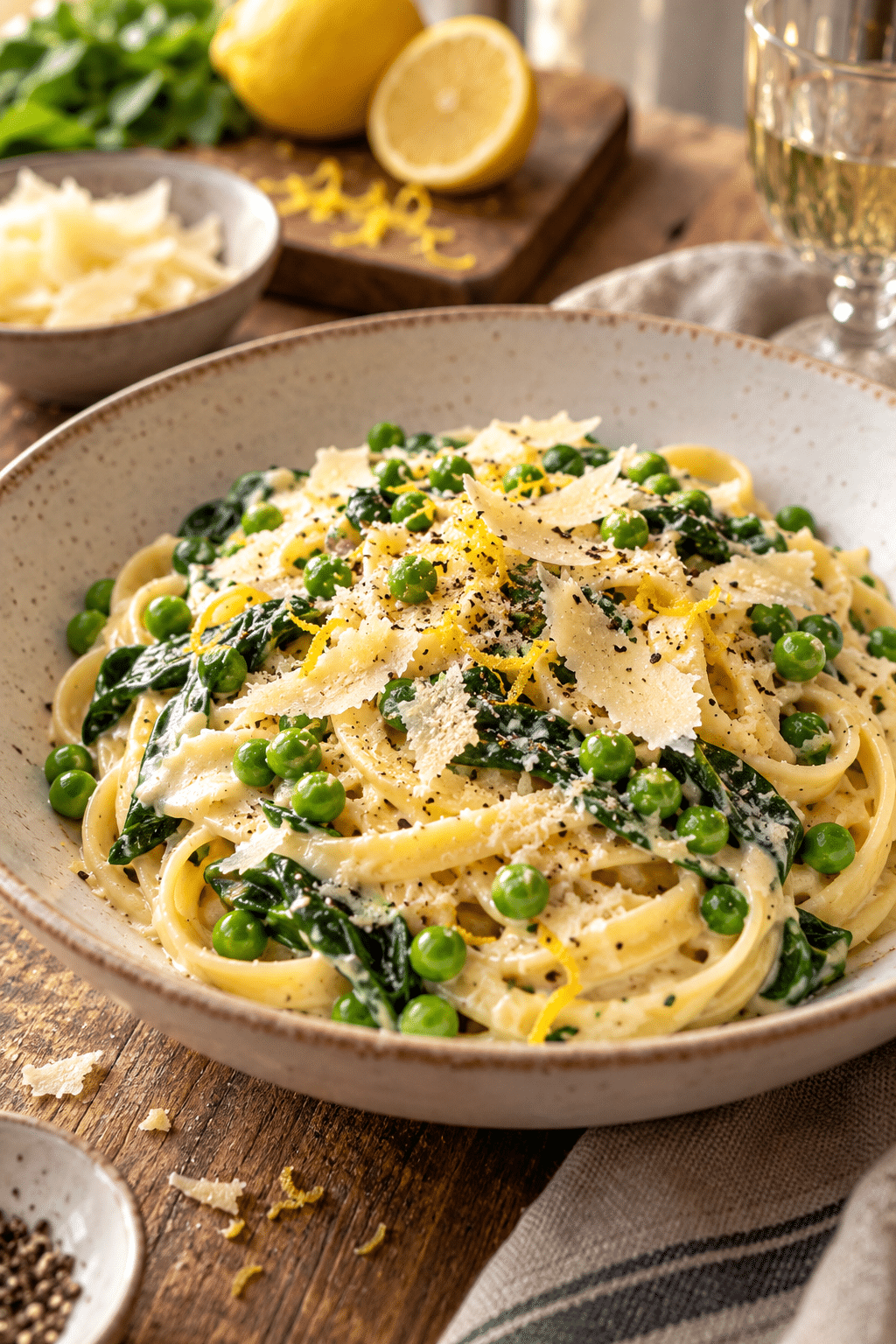 Finished healthy vegetarian dinner with peas and spinach