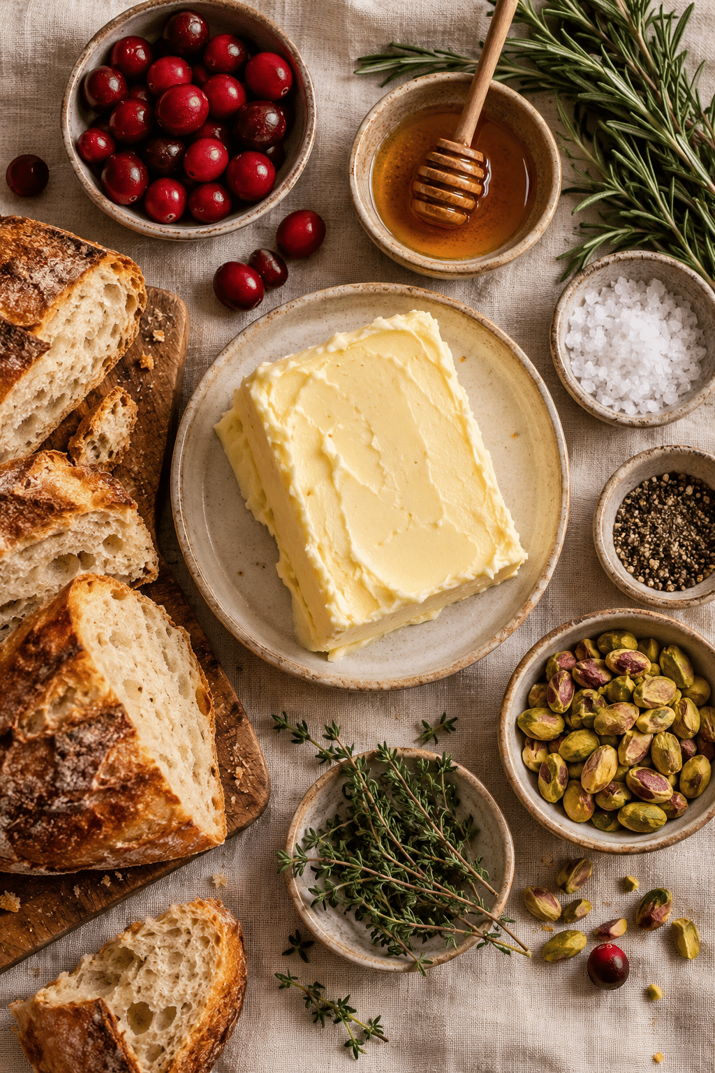 Butter board ingredients arranged with herbs honey bread and toppings