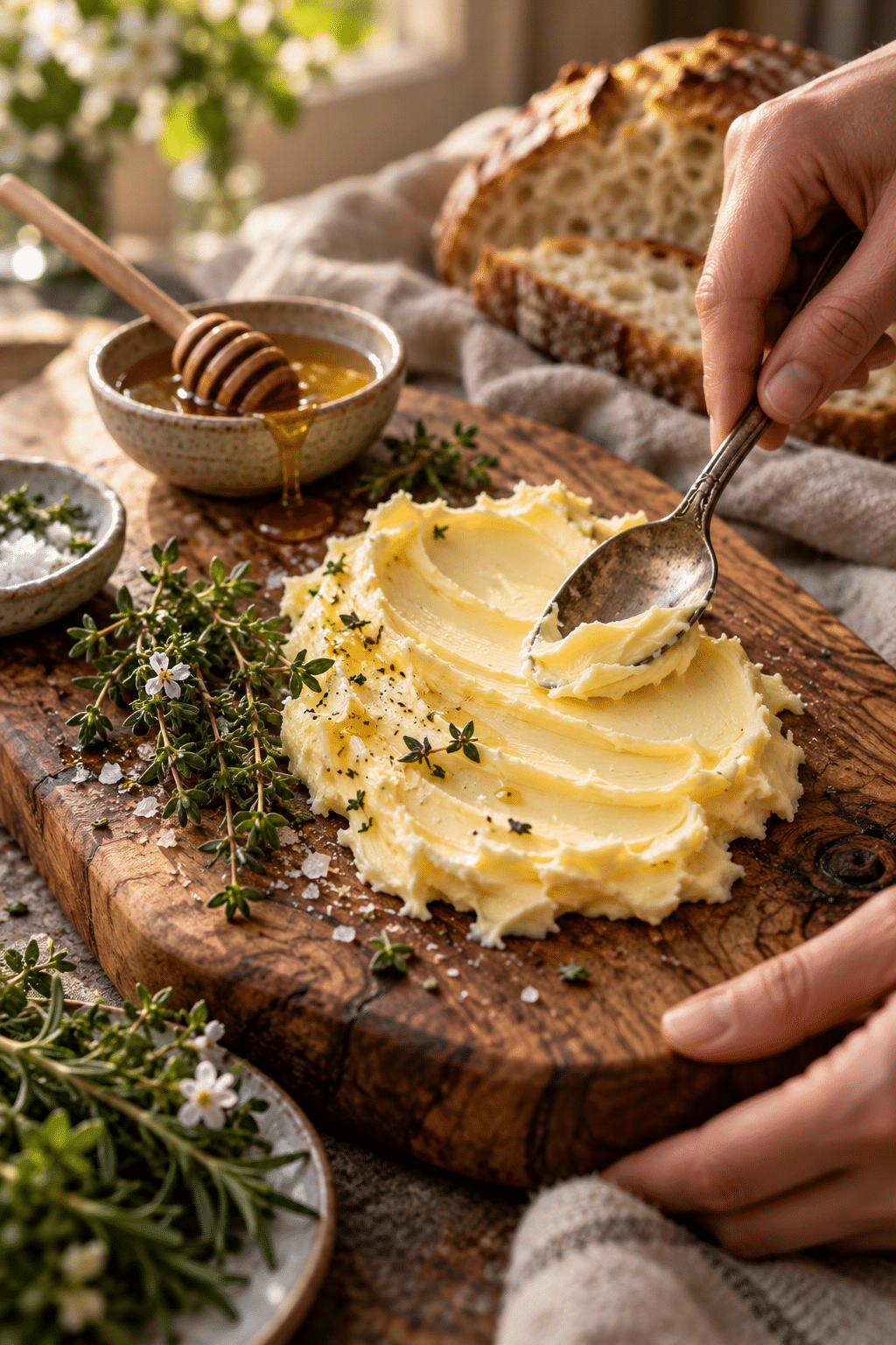 Softened butter being spread across a serving board with herbs