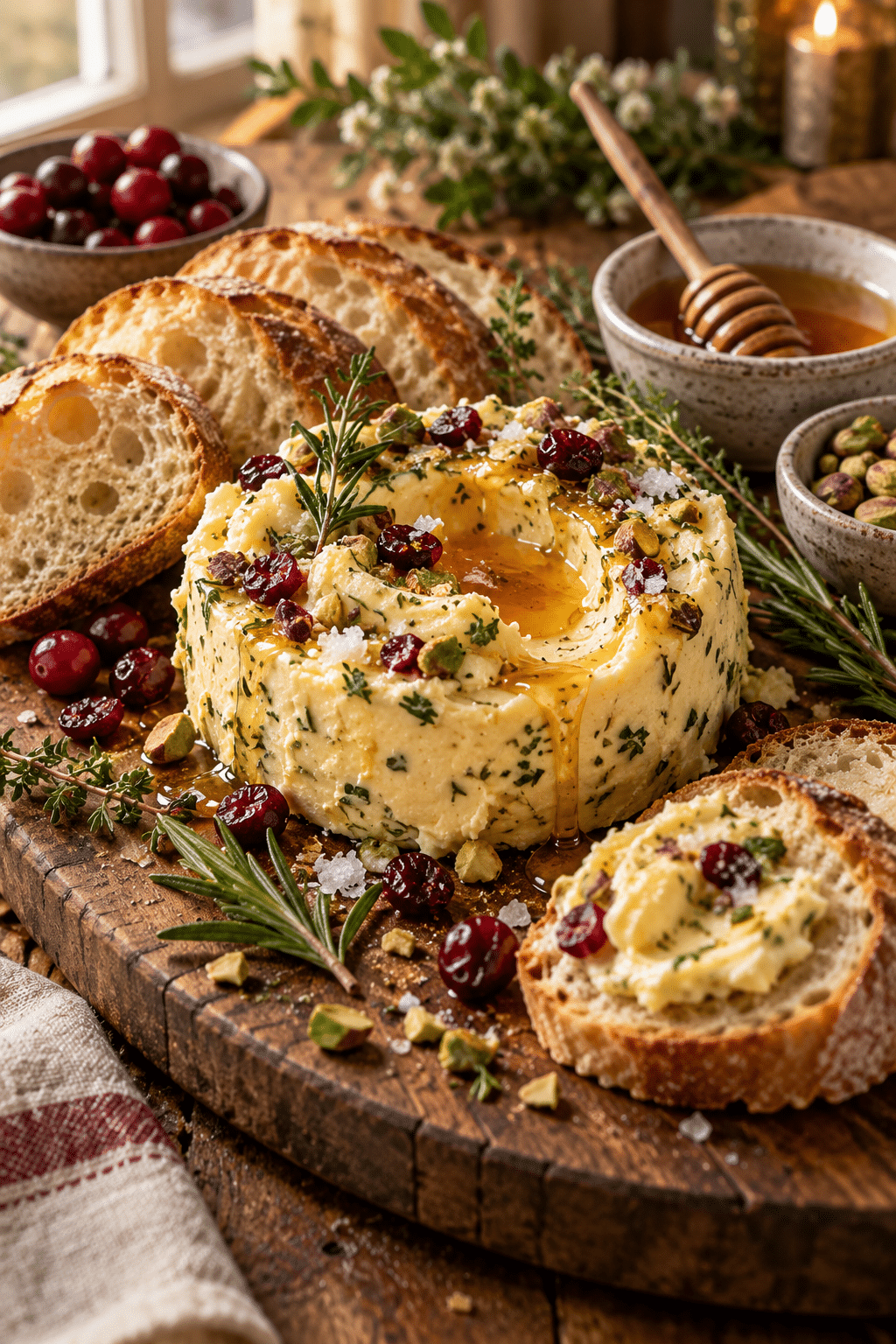 Finished butter board with honey herbs cranberries pistachios and crusty bread