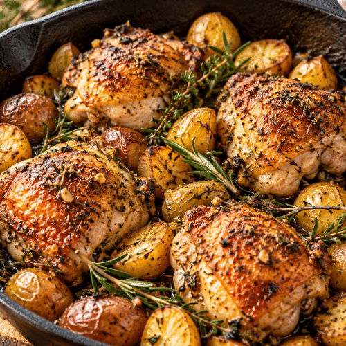 herb roasted chicken and potatoes in a skillet