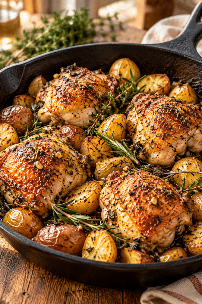 herb roasted chicken and potatoes in a skillet
