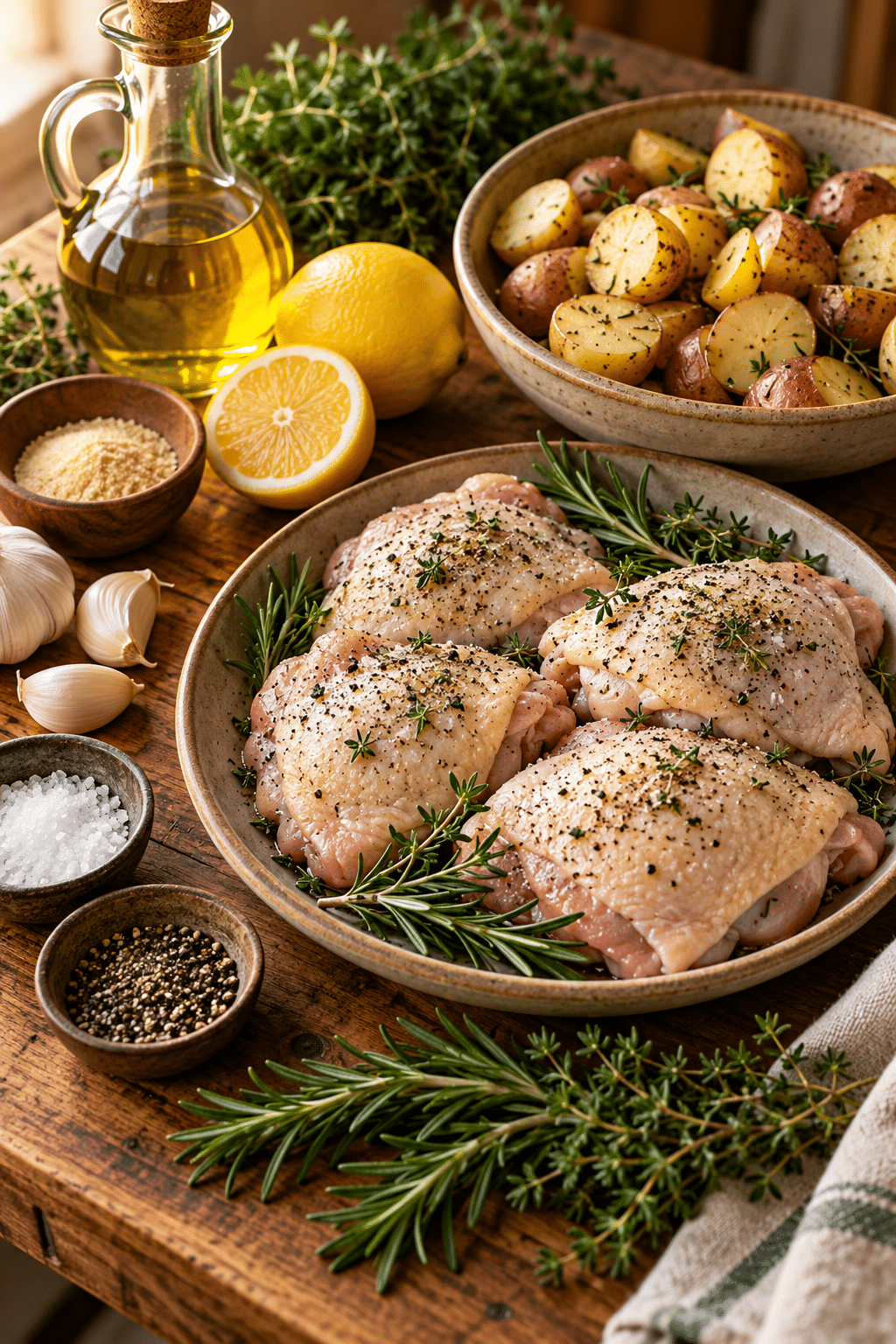 Herb roasted chicken and potatoes ingredients arranged