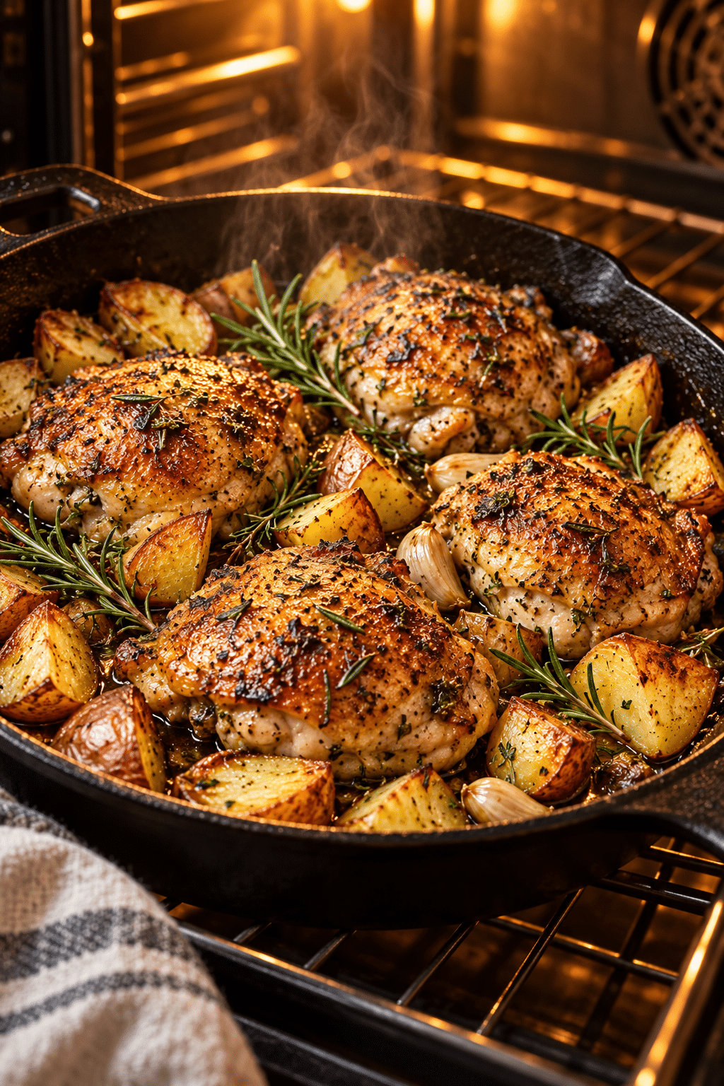 Herb roasted chicken and potatoes roasting in the oven