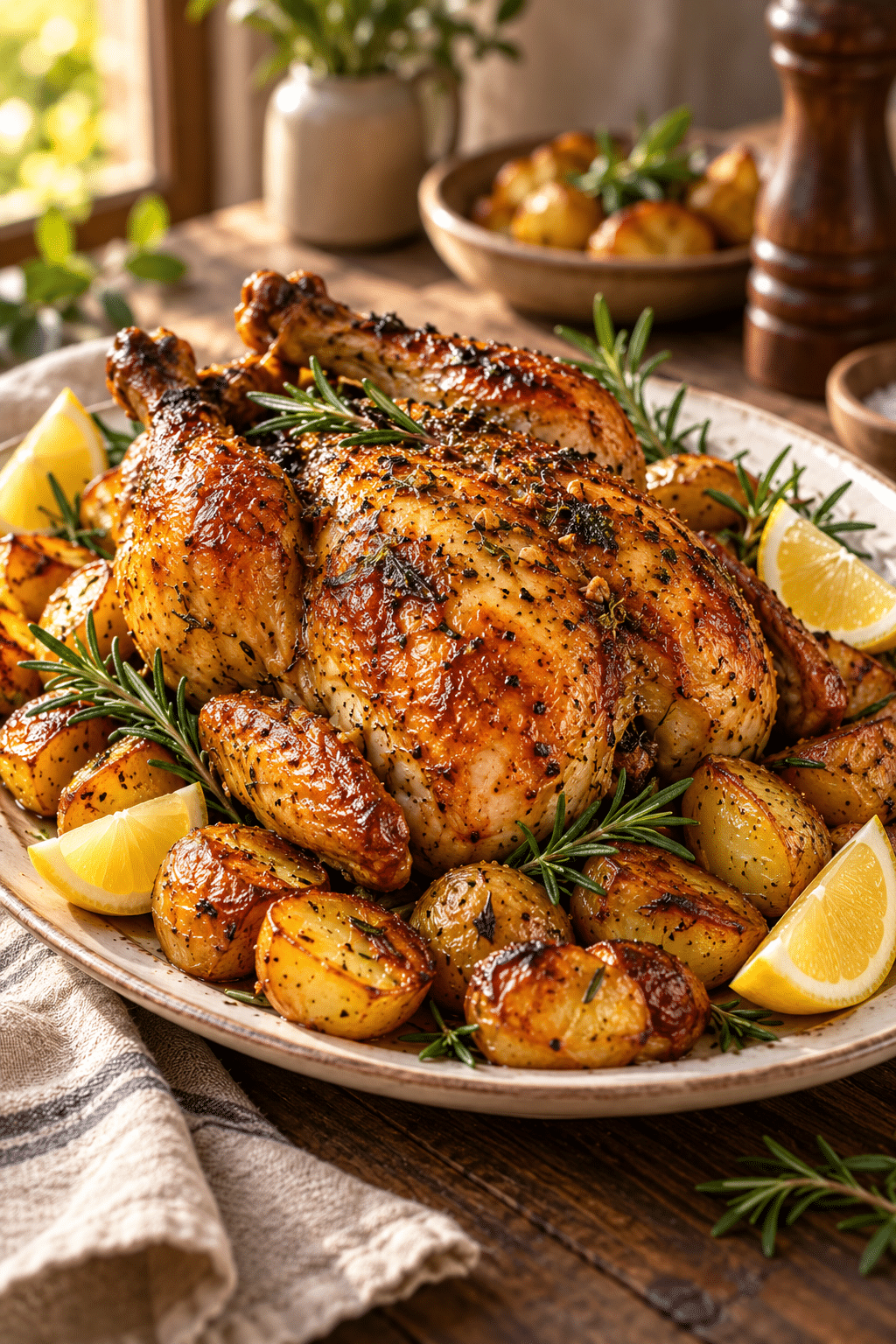 Herb roasted chicken and potatoes served with lemon