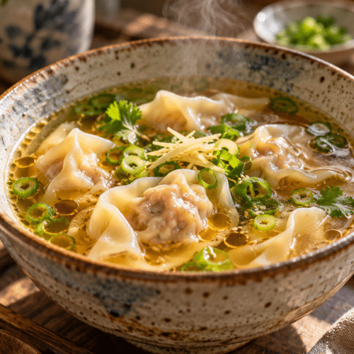 wonton soup in ginger sesame broth