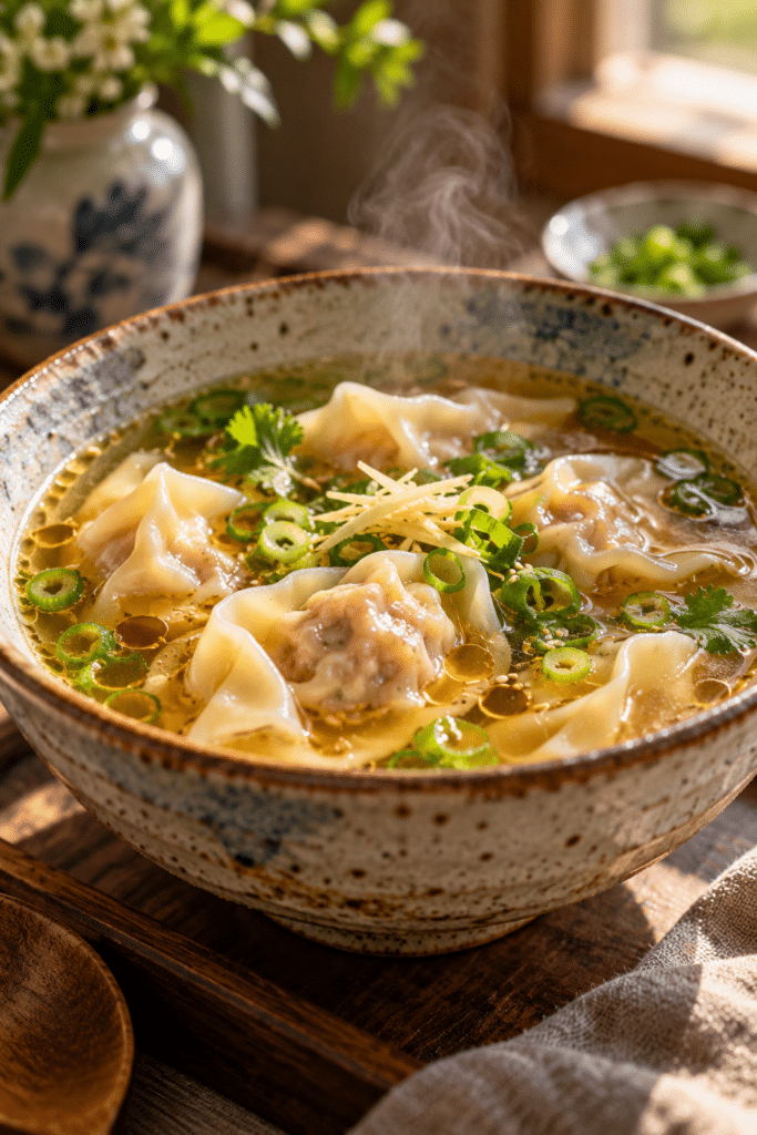 wonton soup in ginger sesame broth