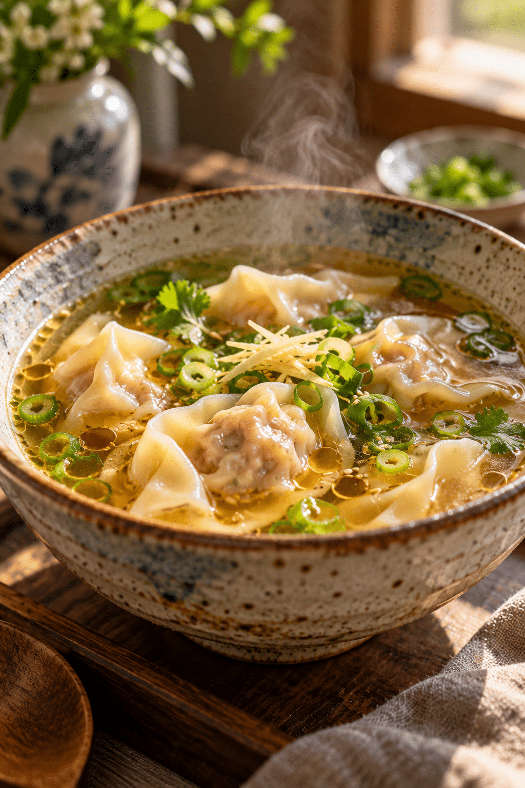 wonton soup in ginger sesame broth