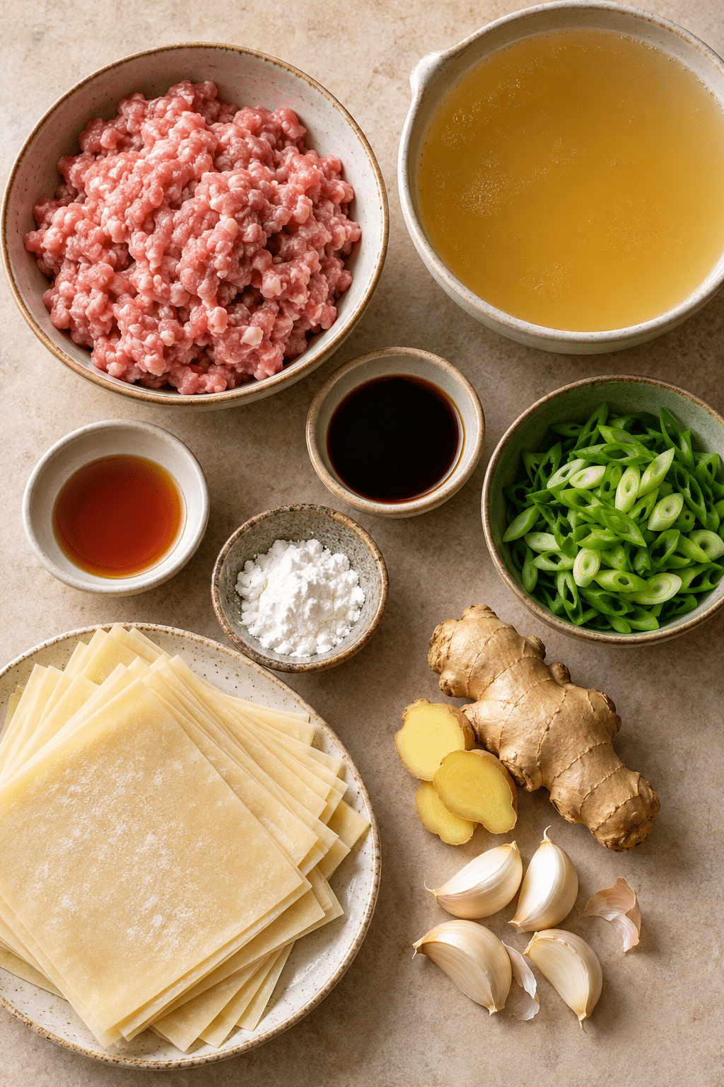wonton soup ingredients arranged for filling and broth