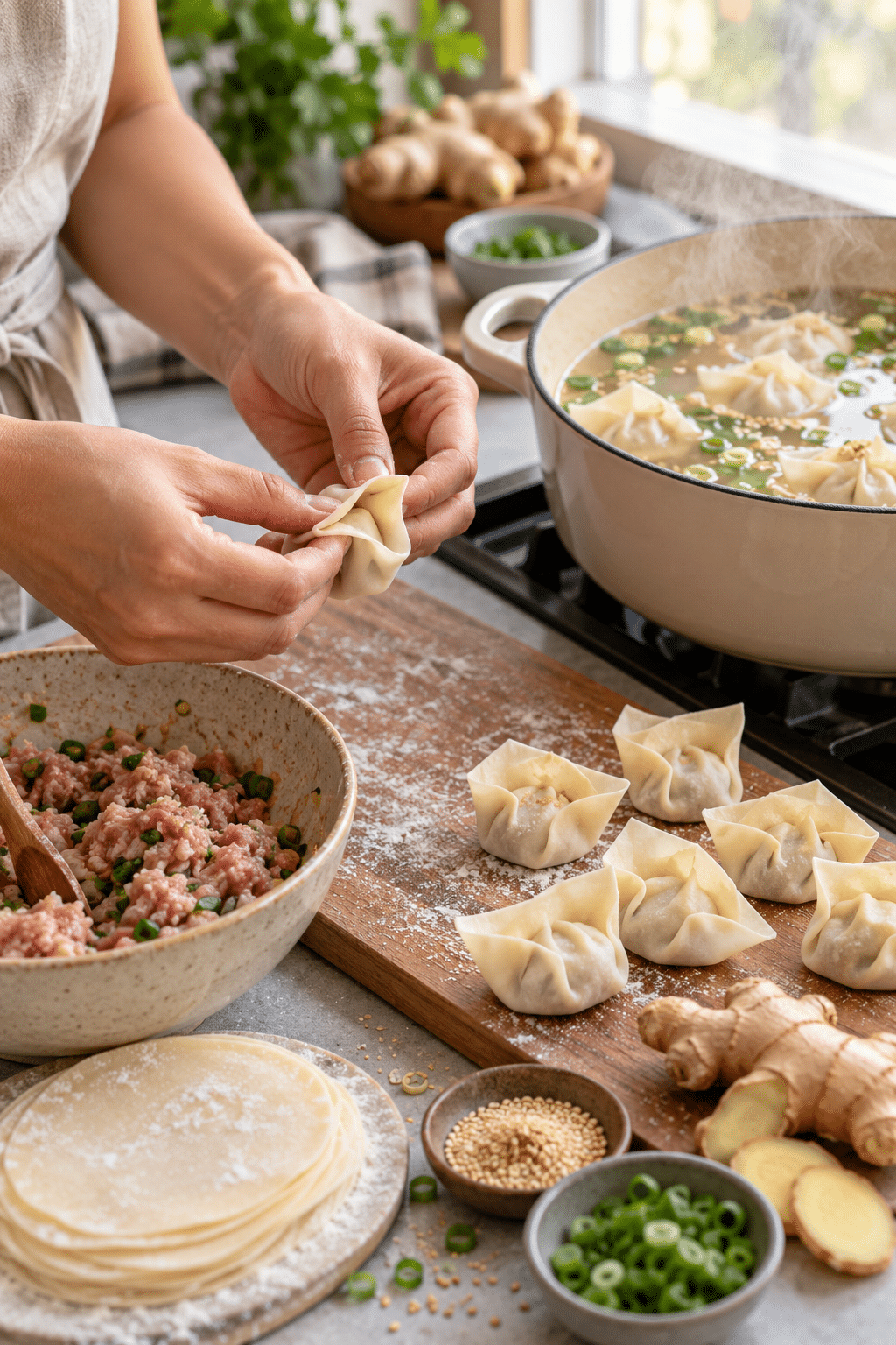 wonton soup preparation with folded wontons and simmering broth