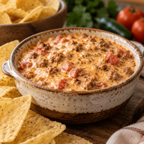 hot and spicy sausage dip in a serving bowl