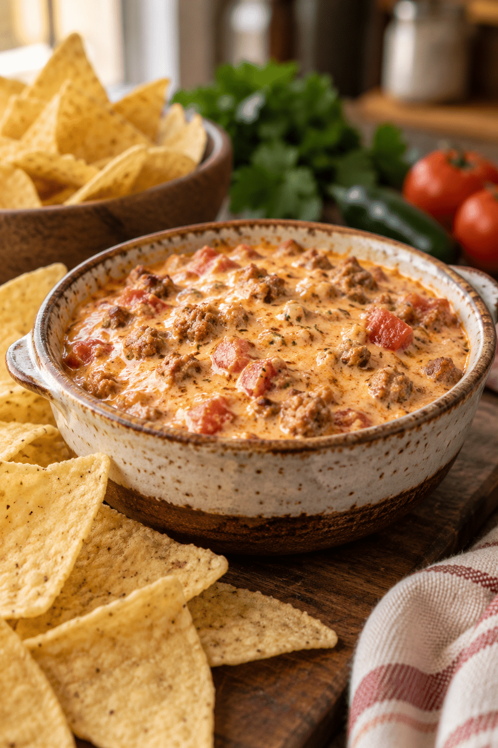 hot and spicy sausage dip in a serving bowl