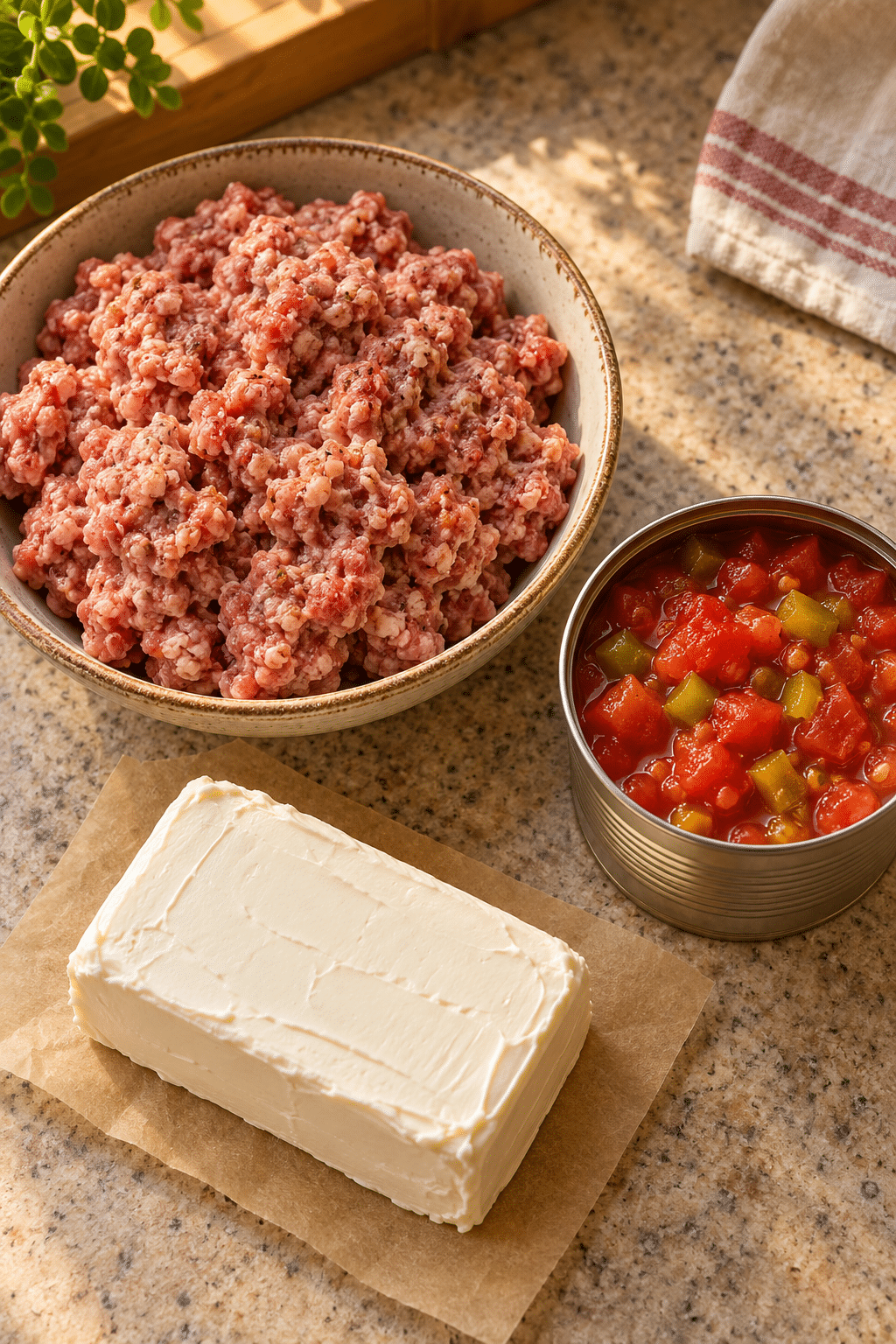 ingredients for hot and spicy sausage dip arranged on a counter