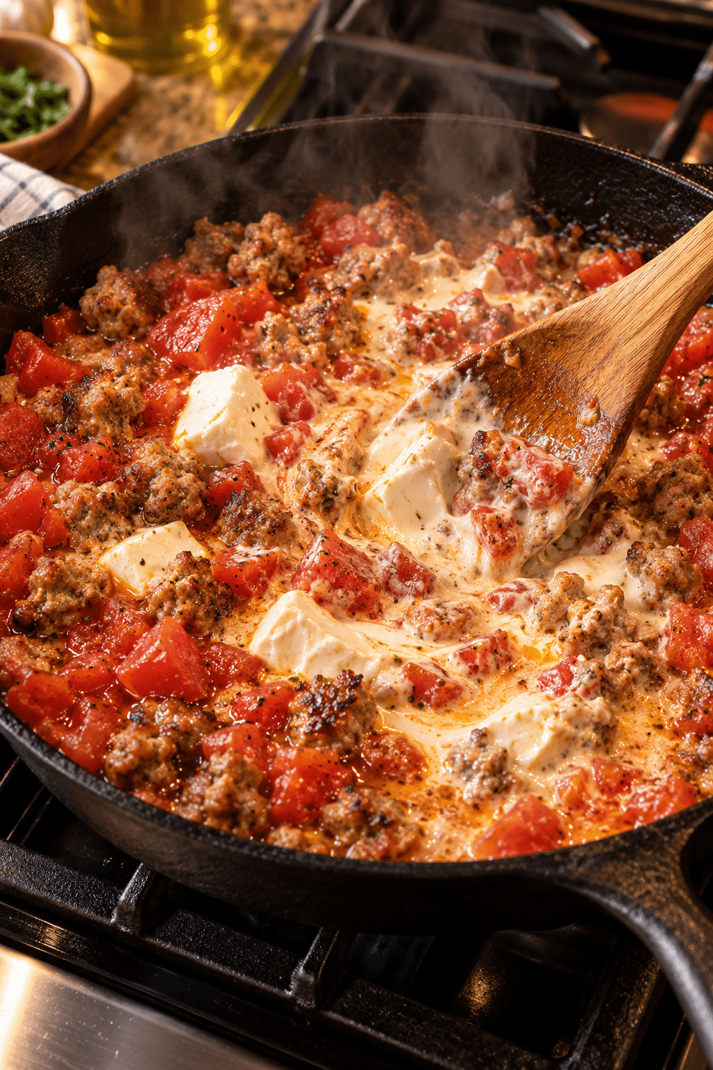 hot and spicy sausage dip being stirred smooth in a skillet