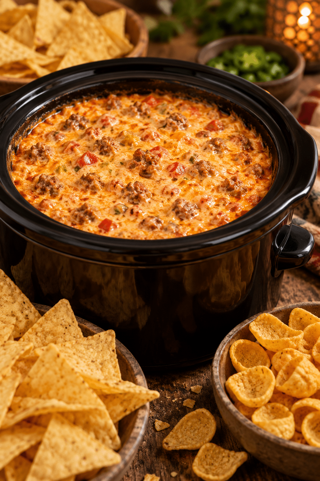 hot and spicy sausage dip served warm with tortilla chips