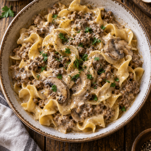 Instant Pot hamburger stroganoff with creamy beef and egg noodles