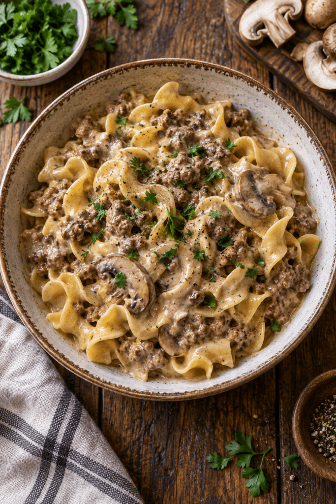 Instant Pot hamburger stroganoff with creamy beef and egg noodles