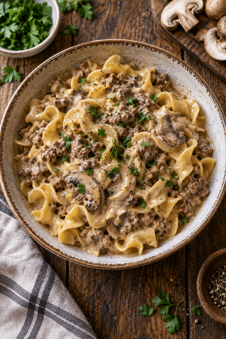 Instant Pot hamburger stroganoff with creamy beef and egg noodles