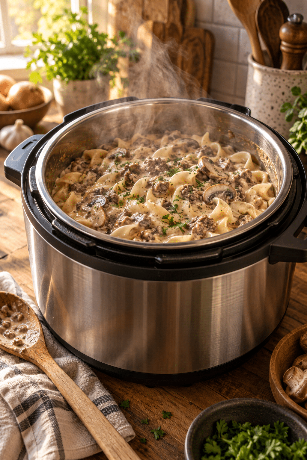 Instant Pot hamburger stroganoff cooking process