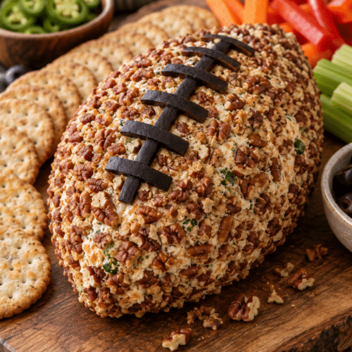 jalapeño popper cheese ball shaped like a football