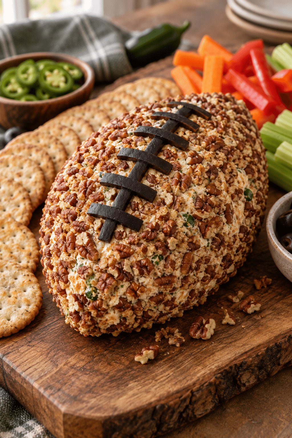 jalapeño popper cheese ball shaped like a football