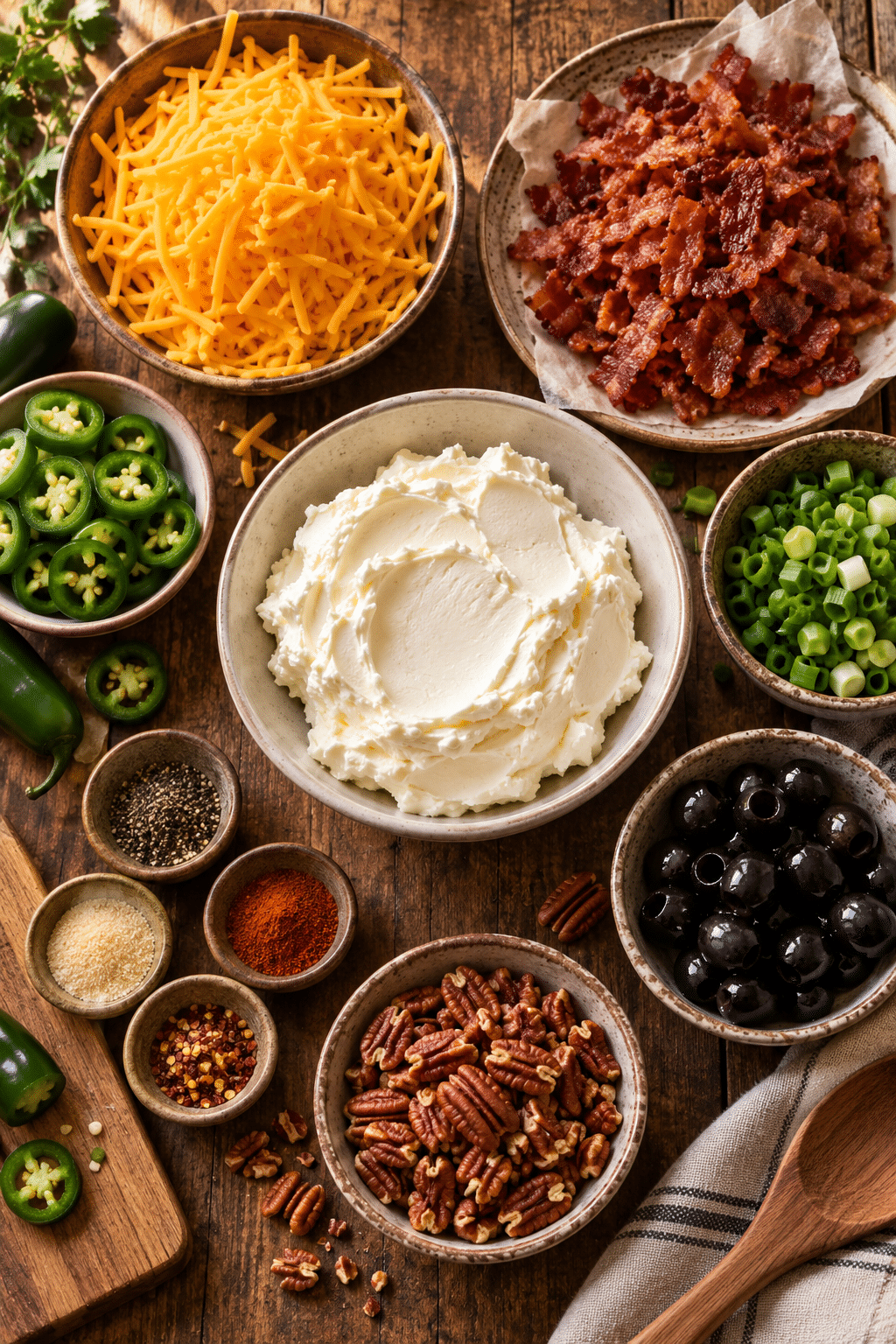 jalapeño popper cheese ball ingredients arranged for mixing