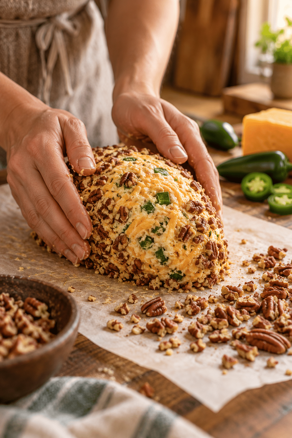 jalapeño popper cheese ball mixture being shaped