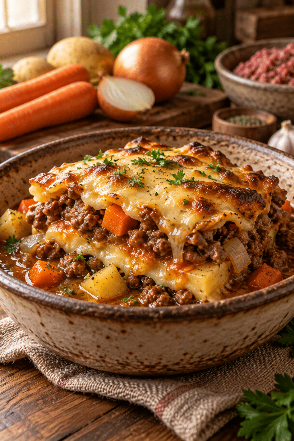 keto lasagna in a bowl ingredients arranged on a counter