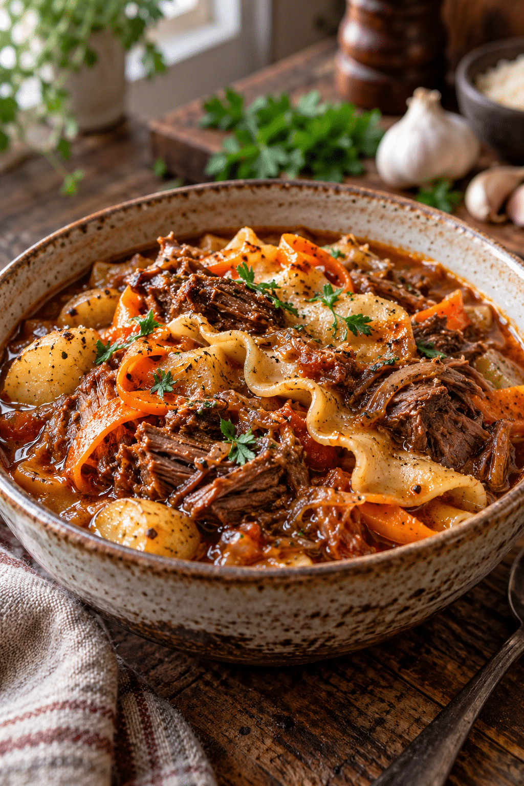 tender keto lasagna in a bowl served with carrots and potatoes