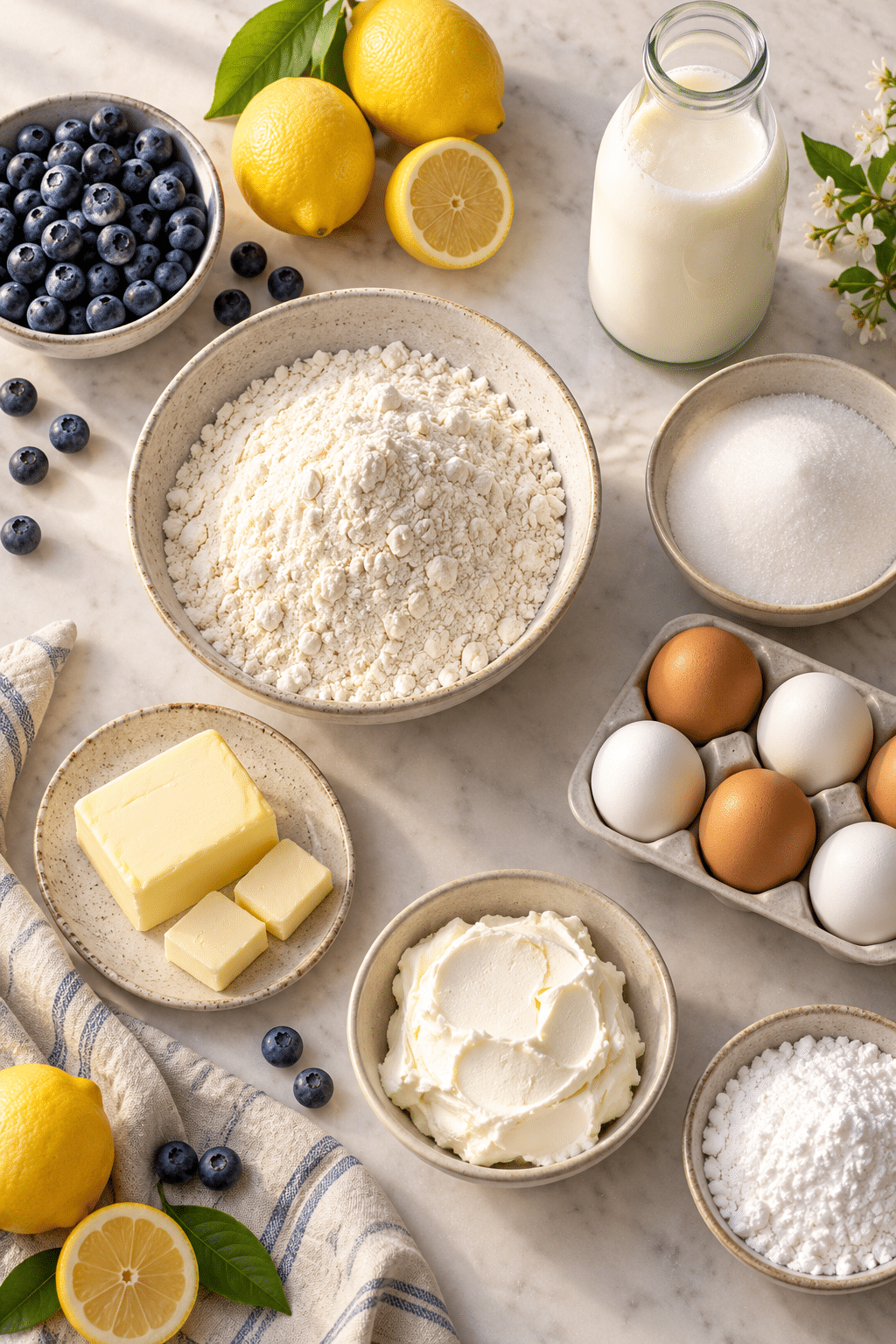 lemon blueberry cake ingredients measured and arranged