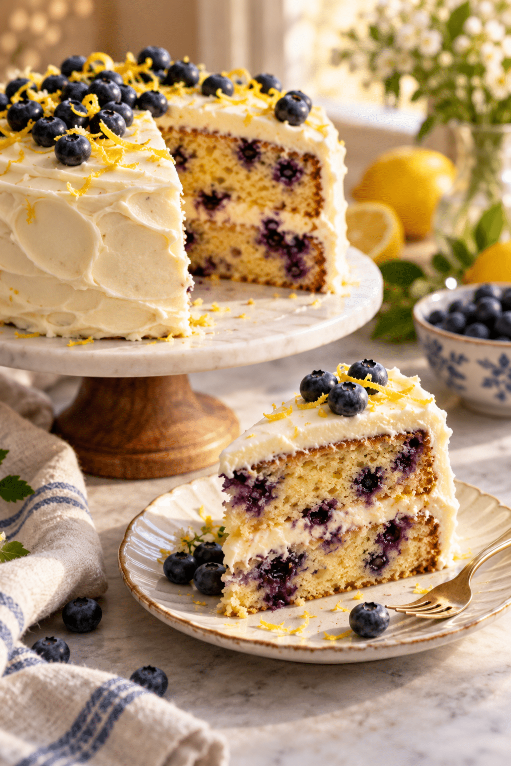 lemon blueberry cake frosted and ready to serve