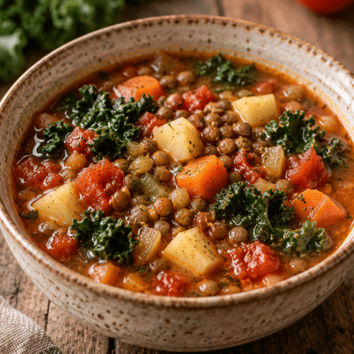 Lentil minestrone soup in a warm bowl