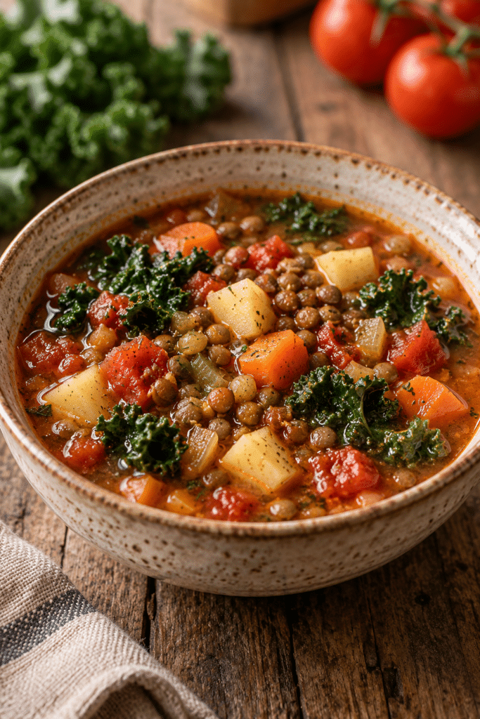 Lentil minestrone soup in a warm bowl