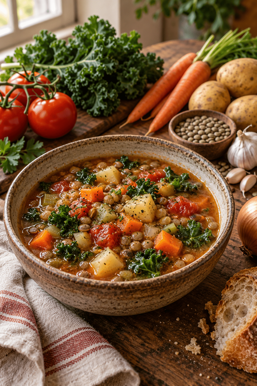 Lentil minestrone soup ingredients arranged for cooking