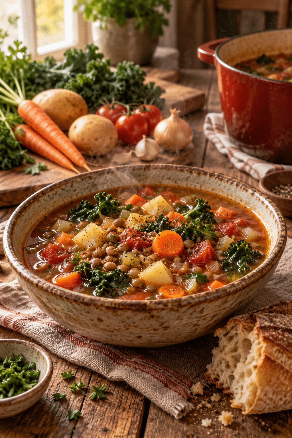 Lentil minestrone soup simmering with vegetables and lentils