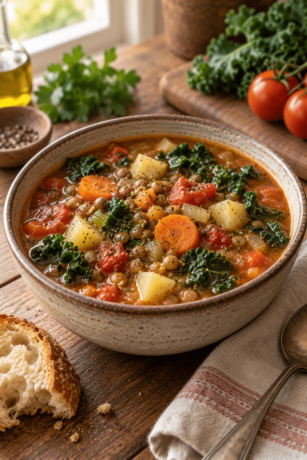Lentil minestrone soup served hot with kale, potatoes, and lentils